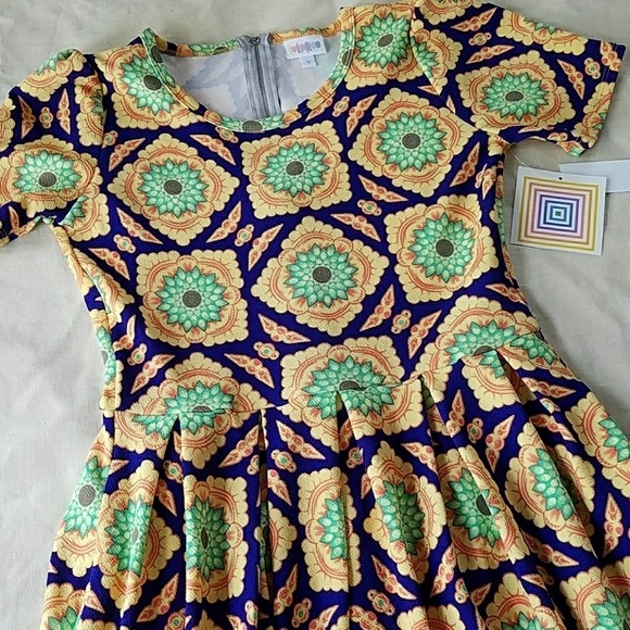 NEW Lularoe Amelia Mod Floral‎ Dress S Fit & Flare Blue Yellow Orange NWT - Picture 2 of 8